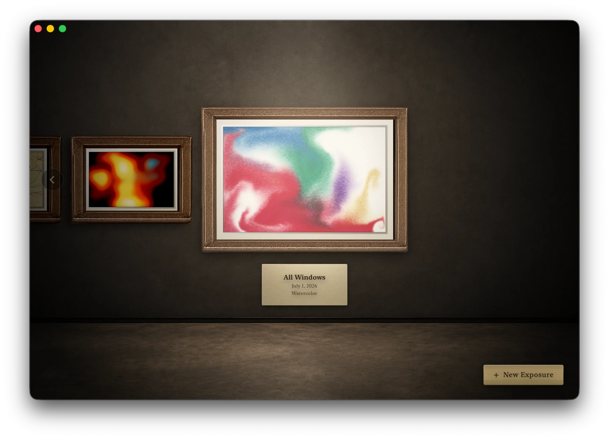 The Drawell gallery — framed artworks on a dark museum wall with a brass plaque